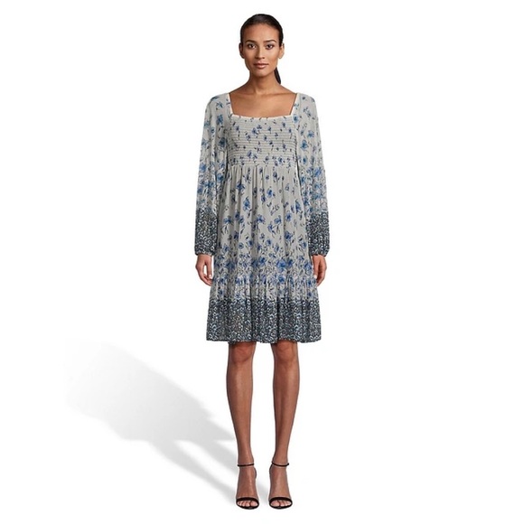 Size 14 Gabby Skye Blue Floral Mesh Smocked Babydoll Dress - Picture 1 of 6